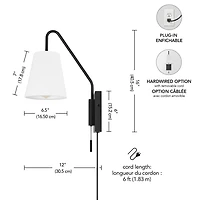1-Light Matte Black Swing Arm Plug-In or Hardwire Wall Sconce with White Fabric Shade