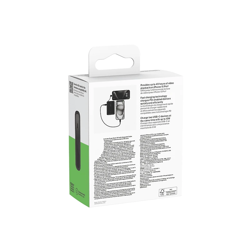 Belkin BoostCharge Portable Power Bank, 2.2in/5.7cm Integrated Cable 10,000mAh PD 20W Fast Charge USB-C Power Delivery, Portable iPhone Charger for iPhone 15 Series, iPad Pro, Galaxy S24 & More Black, BEL 10K 20W CABLE PWRBNK BLK