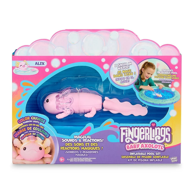 Axolotl interactif pour bébé Fingerlings avec piscine gonflable, Alix (rose) Nage et s'allume dans l'eau