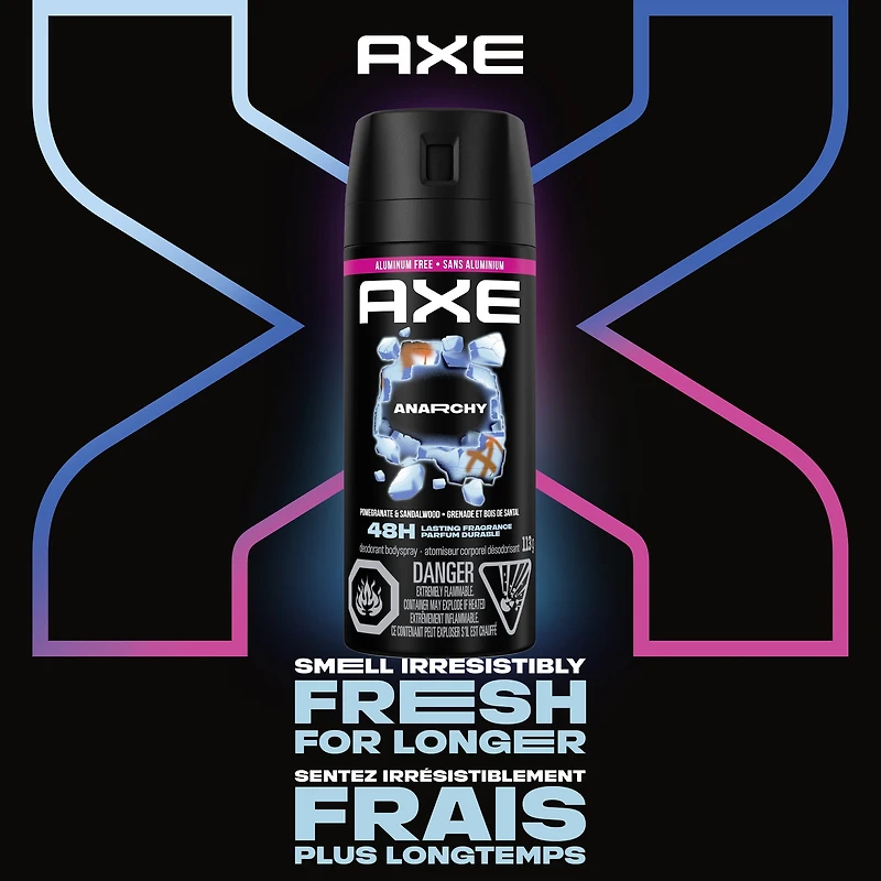 AXE Anarchy Deodorant Body Spray for 48-Hour odour protection, Pomegranate & Sandalwood, Aluminum-free Deodorant, 113g