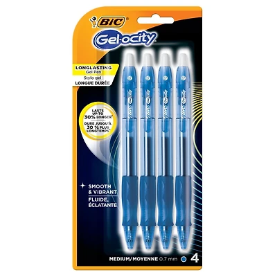 Stylo gel rétractable BIC Gel-ocity, encre bleue, pointe moyenne, 4 unités, prise profilée pour plus de confort et de contrôle