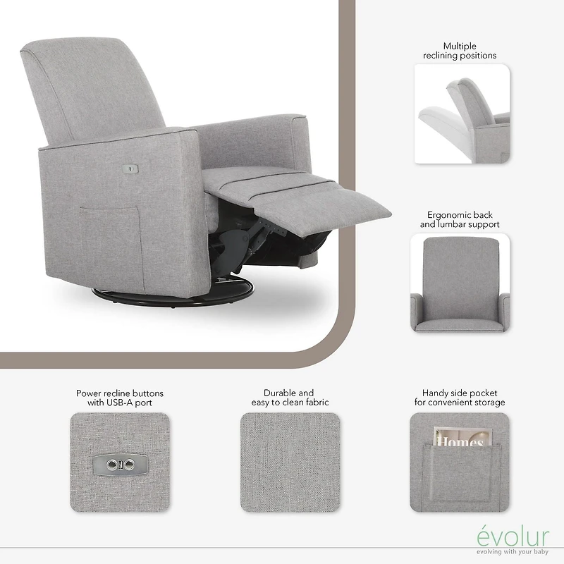 Evolur Harlow Deluxe Glider, Power Recliner, and Rocker With USB Charging Port