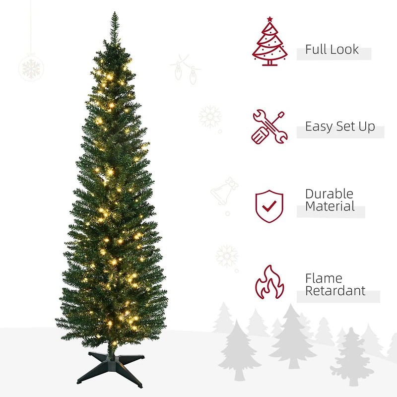 HOMCOM Sapin de Noël artificiel mince pré-illuminé de 1,8 m avec 390 pointes et 200 lumières LED blanc chaud