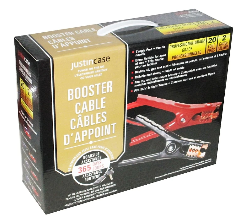 Justin Case 20 foot 2 Gauge Booster Cables, 20 ft 2 G Booster Cables