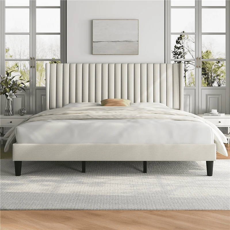 Fullfurnique Upholstered Bed Frame with Wing Side and Channel Headboard, Queen, Ivory