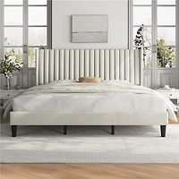 Fullfurnique Upholstered Bed Frame with Wing Side and Channel Headboard, Queen, Ivory