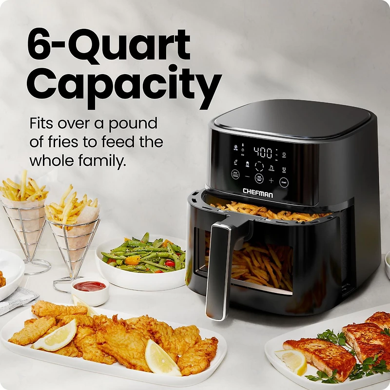 Friteuse à air Chefman TurboFry Touch 5.5L (6-Qt) Easy-View avec 4 préréglages de cuisson et bouton Hi-Fry 235°C (450°F) - Noir, Nouveau