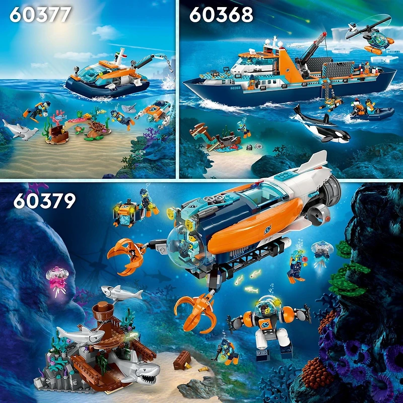 LEGO City Explorer Diving Boat 60377 Ocean Building Toy, Includes a Coral Reef Setting, Mini-Submarine, 3 Minifigures and Manta Ray, Shark, Crab, 2 Fish and 2 Turtle Figures