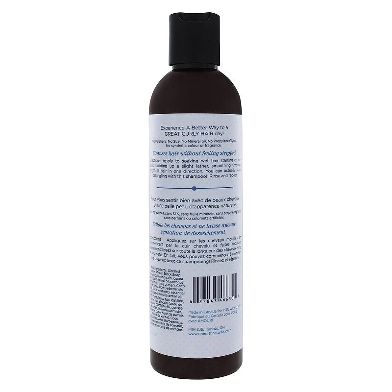 Up North Naturals Clean Curls Shampoo, Clarifies and won't strip hair of moisture.