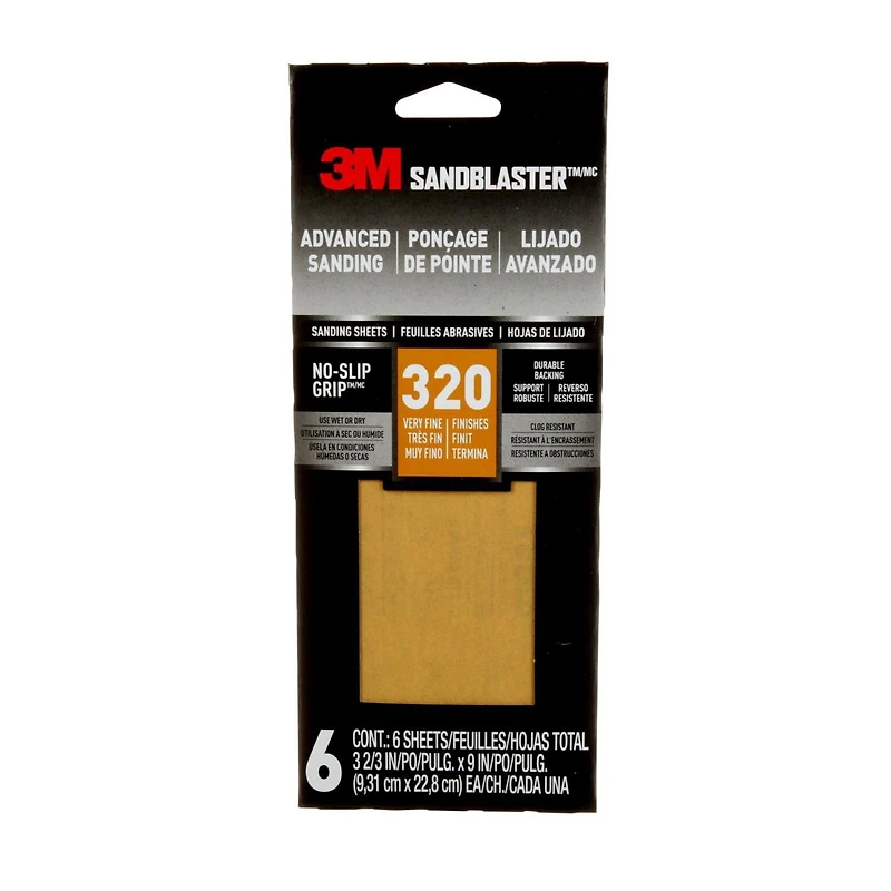 Feuilles abrasives avancées 11320-G-6 SandBlaster(MC) 3M(MC), avec NO-SLIP GRIP, grain 320