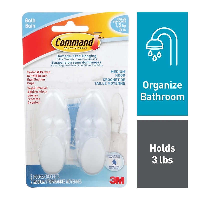 Crochets pour la salle de bain BATH18-EF CommandMC, moyens, givrés, 1,4 kg (3 lb), 2 crochets, 2 bandes résistant à l’eau Crochets BATH18-EF Command(MC)