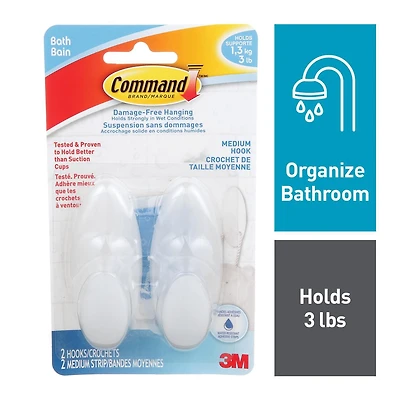 Crochets pour la salle de bain BATH18-EF CommandMC, moyens, givrés, 1,4 kg (3 lb), 2 crochets, 2 bandes résistant à l’eau Crochets BATH18-EF Command(MC)