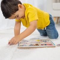 Melissa & Doug Vehicles Sound Puzzle - Wooden Peg Puzzle With Light-Activated Sound Effects (8 pcs), Wooden Peg Puzzle