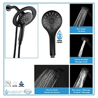 The akuaplus® square thermostatic valve with 4-way diverter, 2 magnetic handshowers or simultaneously.  Hand shower 3 settings with Push-Buttom and a swiveling shower head.  Matte black finish