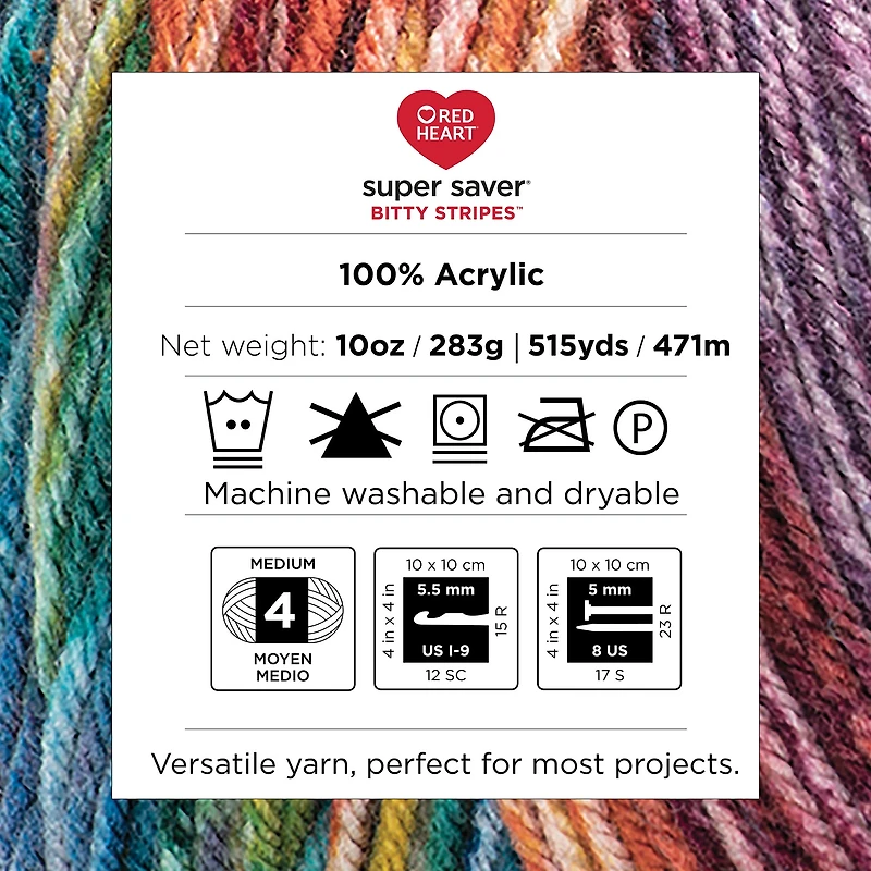 Red Heart® Super Saver® Bitty Stripes™ Fil, Acrylique #4 Moyen, 10oz/283g