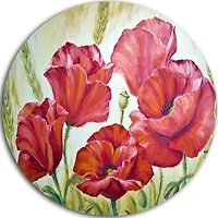 Design Art Poppies in Wheat' Ultra Glossy Floral Metal Circle Wall Art