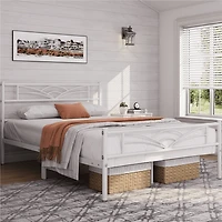 Fullfurnique Metal Platform Bed Frame with Cloud Inspired Design Headboard, Twin, White
