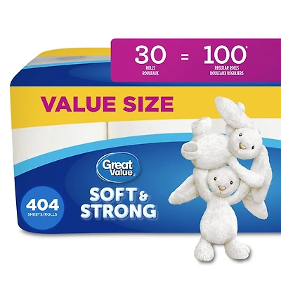 Papier Hyg. Ultra Doux Great Value, 30 Roul. Fam. équiv. à 100 Roul. 404 feuilles par rouleau