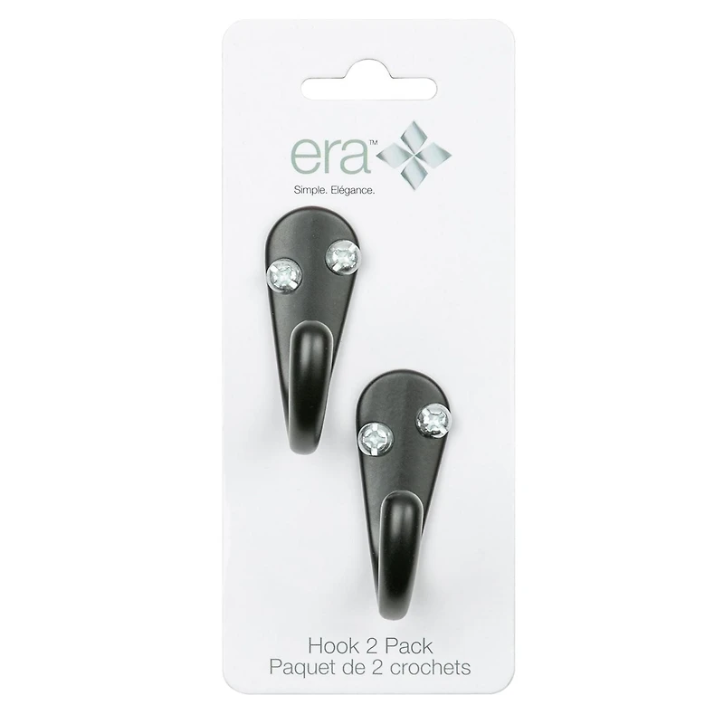 Era Single Hook 2-Pack Black, 1.70 x 0.67 x 1.42 in