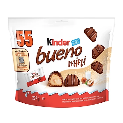 Mini barres de chocolat et crème de noisettes KINDER BUENO, 55 chocolats emballés individuellement par sac