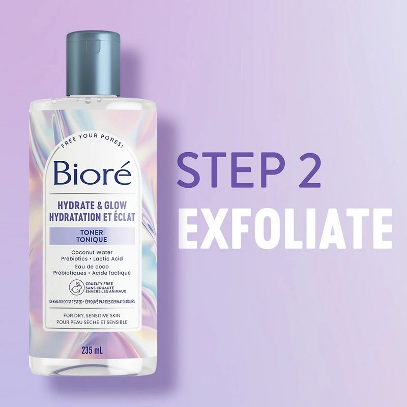 Bioré Tonique Hydratation et éclat de Bioré, avec eau de coco + prébiotiques + acide lactique, tonique pour peau sèche et sensible, 235 mL