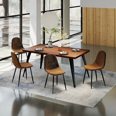Homy Casa 63 inch Dining Set for 4, Large Faux Walnut Table with Fabric Upholstered Chairs, Green Fabric