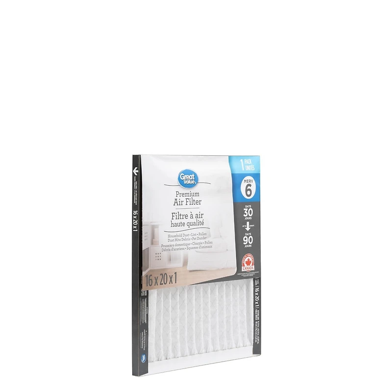 Filtre à air plissé 16 x 20 x 1 pouces Great Value MERV 6 16x20x1 Filtre à air