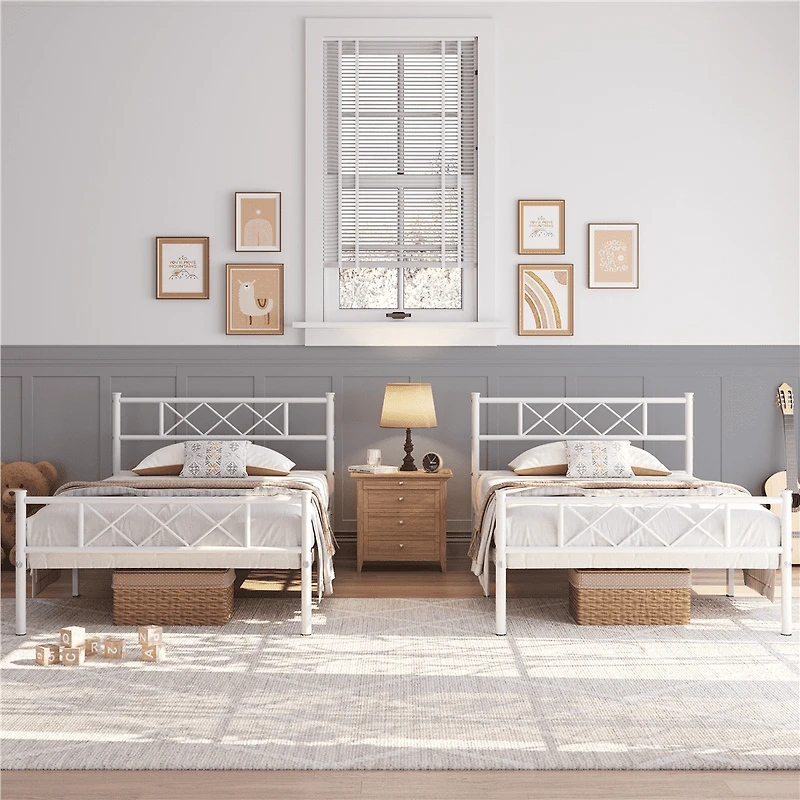Fullfurnique Cadre de Lit Plateforme en Métal Simple avec Tête et Pied de Lit, Simple, Blanc