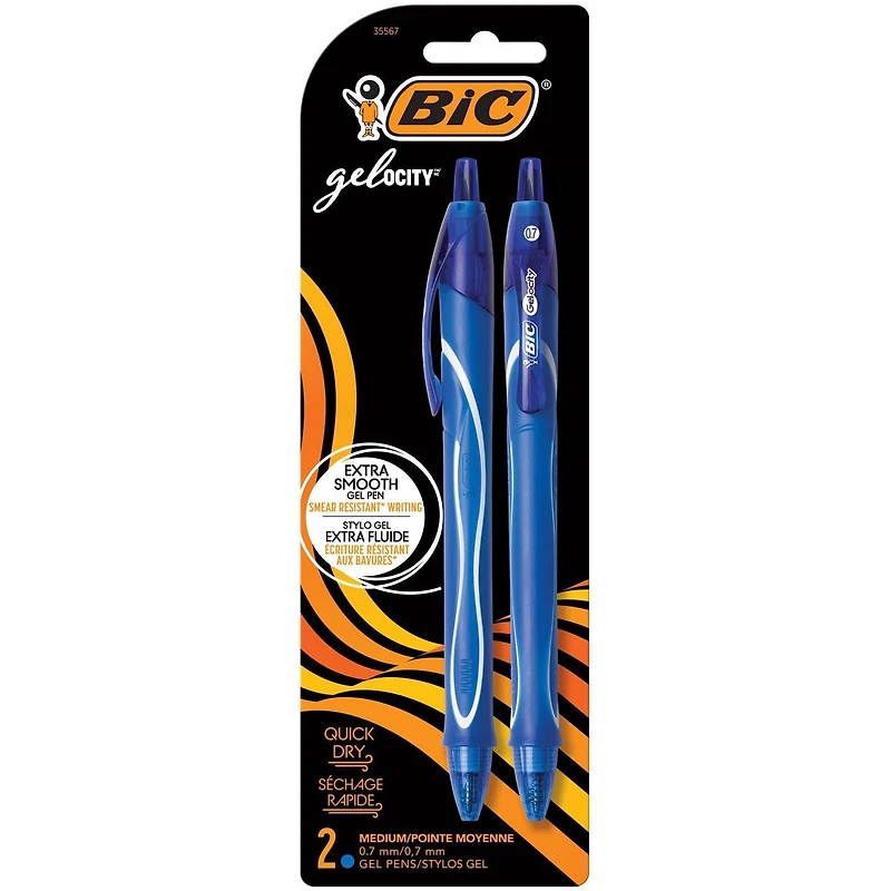 BIC Gel-ocity Original Retractable Gel Pen, Medium Point (0.7mm), Blue, Comfortable, Contoured Grip, 2-Count
