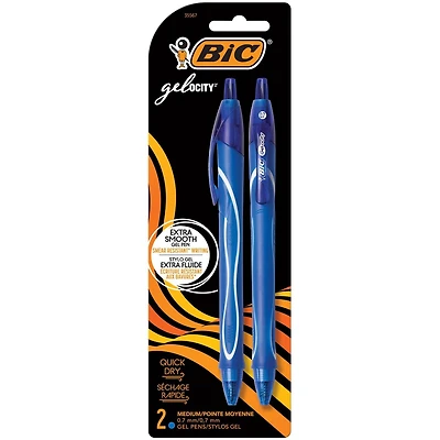 BIC Gel-ocity Original Retractable Gel Pen, Medium Point (0.7mm), Blue, Comfortable, Contoured Grip, 2-Count