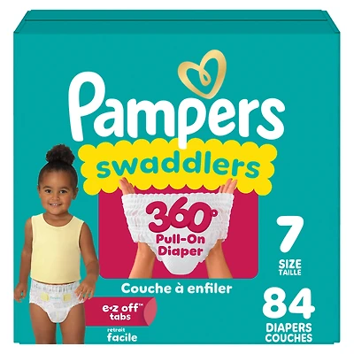Pampers Couches - Swaddlers 360° - Taille 7, jusqu'à 100 % Anti-Fuites, Ajustement Confortable et Sec, Onglets EZ Off Conçus pour des Changements Faciles, Couche à Enfiler