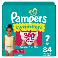 Pampers Couches - Swaddlers 360° - Taille 7, jusqu'à 100 % Anti-Fuites, Ajustement Confortable et Sec, Onglets EZ Off Conçus pour des Changements Faciles, Couche à Enfiler