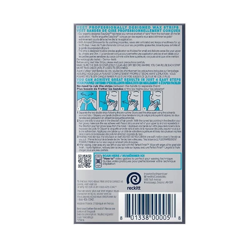 Veet® Professional™ Face Wax Strips for Sensitive Skin with Almond Oil, 12 Count + 2 Wipes, 12 ct + 2 wipes