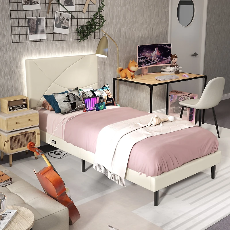 Lit simple rembourré Homy Casa avec éclairage DEL, ports USB et tête de lit rembourrée pour chambre d'enfant, beige