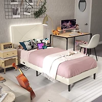 Lit simple rembourré Homy Casa avec éclairage DEL, ports USB et tête de lit rembourrée pour chambre d'enfant, beige