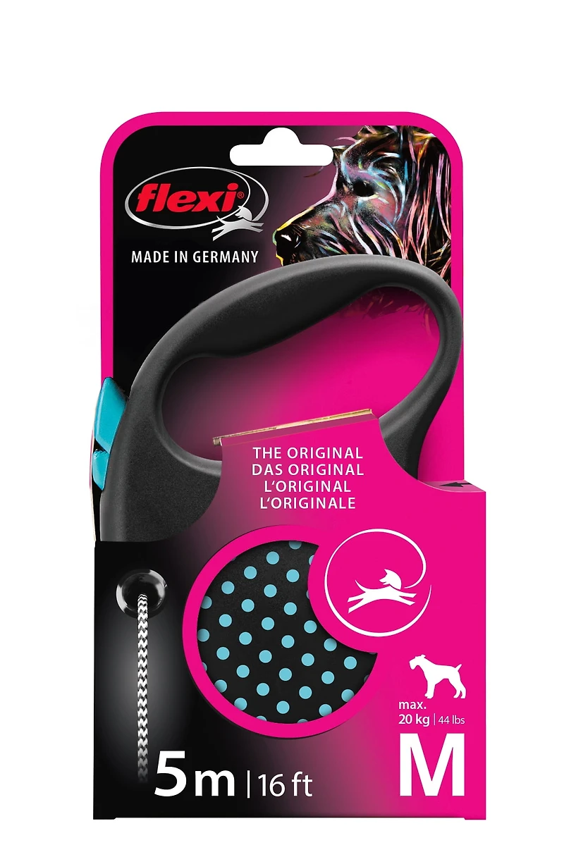 Flexi FUN Dots Medium Retractable Dog Leash, Blue, 5m/16ft