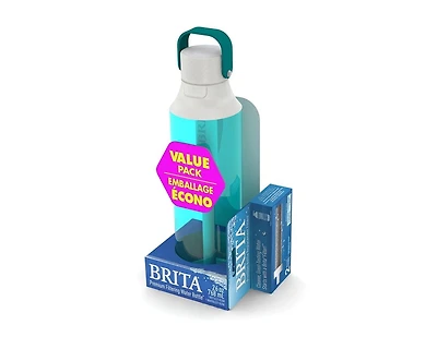 Système de filtration d’eau en bouteille haut de gamme sans BPA, de couleur saphir et d’une capacité de 768 mL avec 1 filtre avec 2 filtres pack bonus