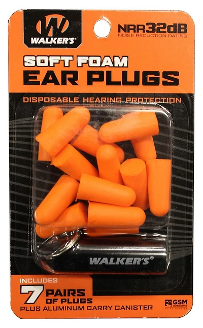 Walker's GWP-PLGCAN-OR 7 paires de bouchons en mousse orange fluo avec boîte de transport en aluminium noir 7 paires de bouchons en mousse orange fluo
