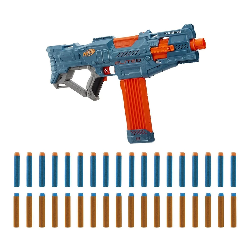 Nerf Elite 2.0, blaster motorisé Turbine CS-18, 36 fléchettes Nerf officielles, chargeur 18 fléchettes, rails tactiques, point de fixation