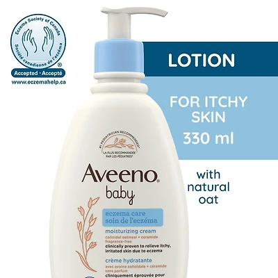 Crème hydratante pour le corps Aveeno Soin de l’eczéma pour bébés avec céramides, lotion pour peau sèche, sans parfum, sans parabènes, avoine colloïdale 330 ml