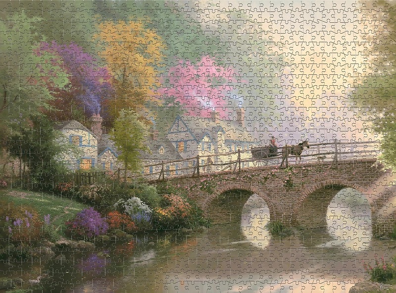 Puzzle en bois de 1000 pièces Ceaco Thomas Kinkade Hometown Bridge pour adultes à partir de 14 ans