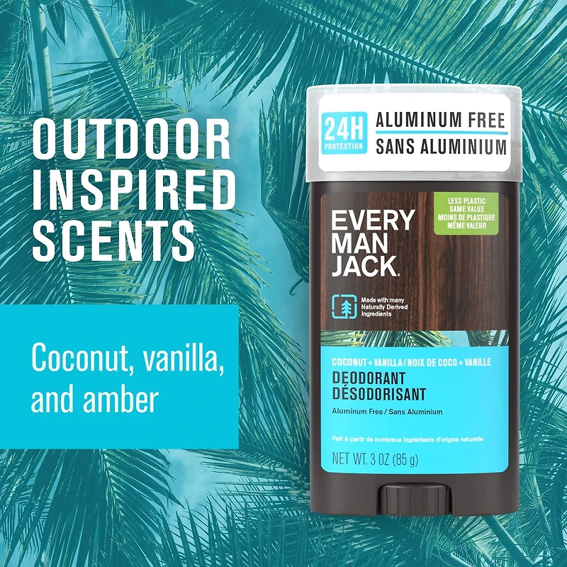 Every Man Jack Coconut + Vanilla Aluminum-Free, For All Skin Types, Long Lasting Men's Deodorant with Naturally Derived Ingredients 85G, EMJ Coco + Van Deo 85G