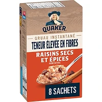 Quaker Gruau instantané Teneur élevée en fibres Raisins secs et épices 344 g.