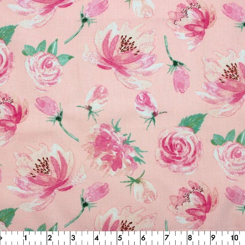Fabric Creations Light Pink with Painted Pink Flowers Fat Quarter Pre-Cut Fabric - 18" x 21" / 45cm x 53cm