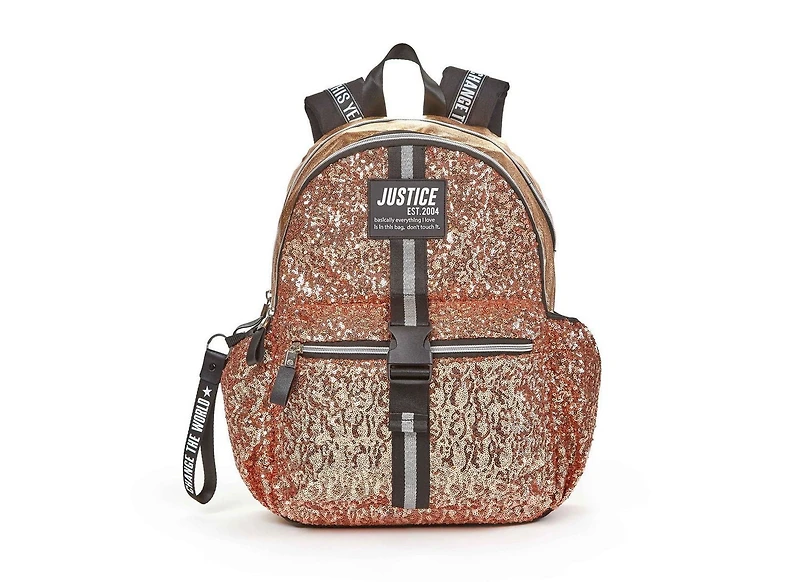 Ensemble économique de sac à dos de 17 po à plusieurs compartiments à paillettes dorées pour filles de marque Justice ™ Comprend un sac à lunch isolé et un étui à crayons