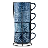 Lot de 4 tasses empilables Thyme & Table, motifs fleurs bleues et formes bleues, 325 ml, grès