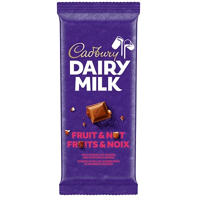 CADBURY DAIRY MILK, tablette de chocolat aux fruits et aux noix, chocolat au lait CADBURY DAIRY MILK avec raisins secs et amandes hachées, 180 g CADBURY DAIRY MILK FRUIT & NOIX 180G 12