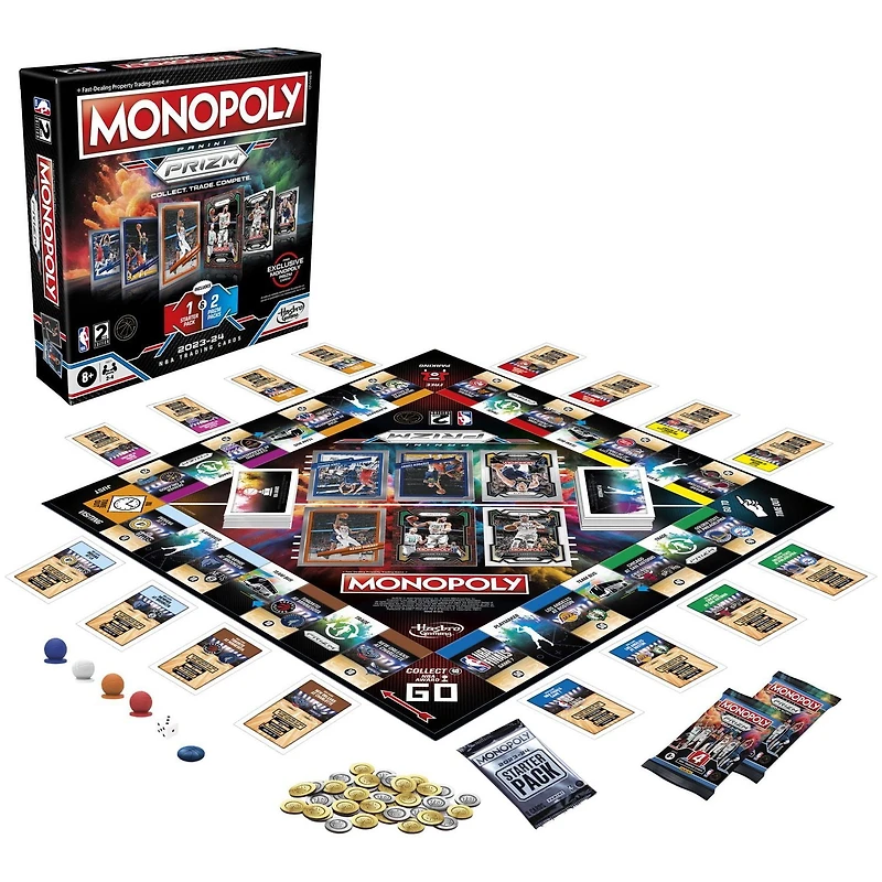 Monopoly Prizm : 2e édition NBA, jeu de plateau Monopoly avec cartes de collection Panini 2023-24 de la NBA