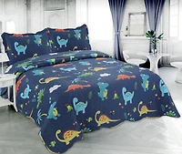 Marina Decoration Rich Printed Stitching Coverlet Bedspread Ultra Soft Summer Bedding Quilt Set with Quilted Sham, Dinosaur Zoo with Navy Blue Pattern