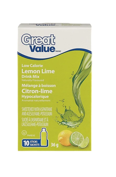Great Value Low Calorie Lemon Lime Drink Mix, 10 Sticks, 36 g